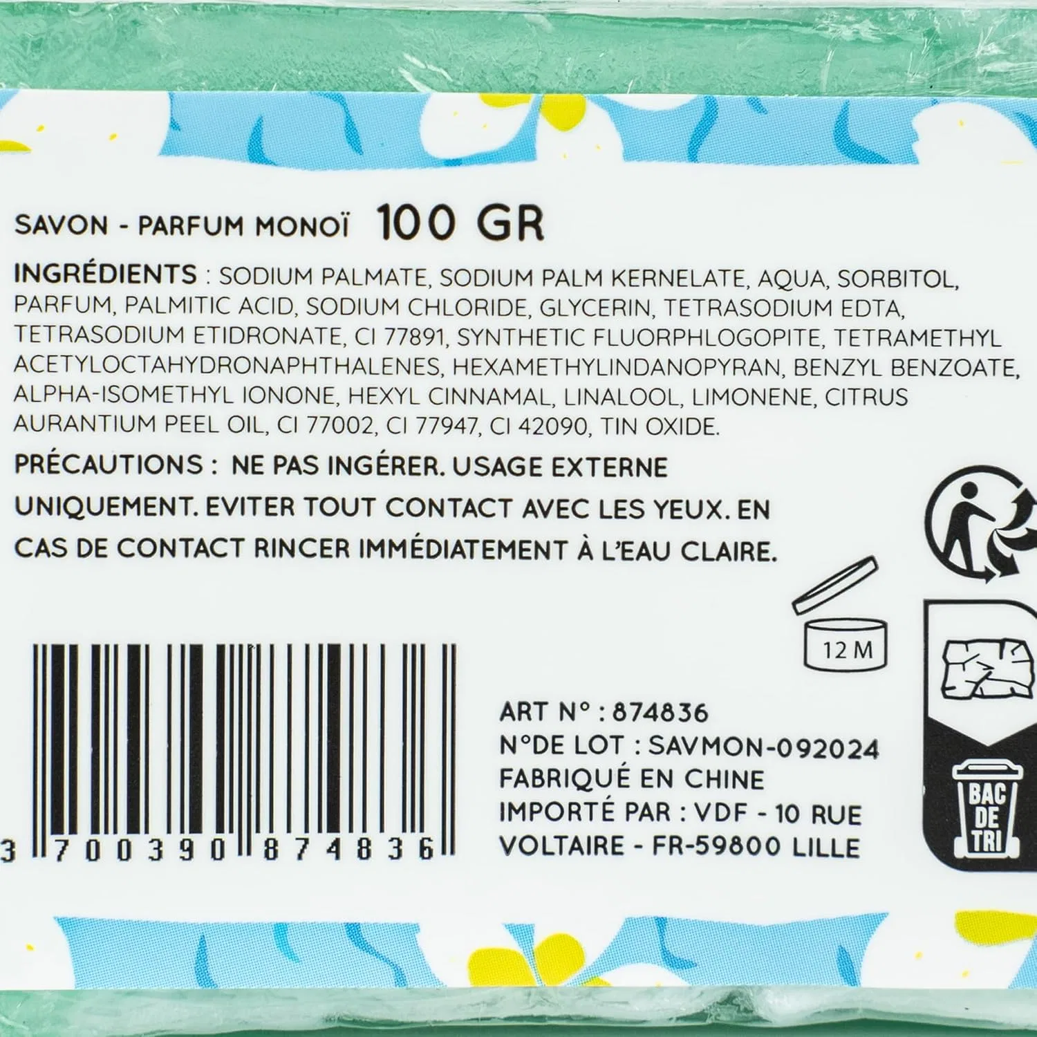 Мыло Vegetable Glycerine 100г, Monoi, Blue French Tendance — фото 3