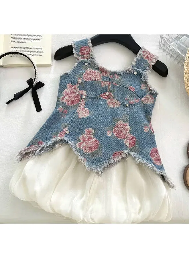 Комплект для девочки с принтом роз, модель Rose Print Distressed Denim, Ayada Home — фото 3