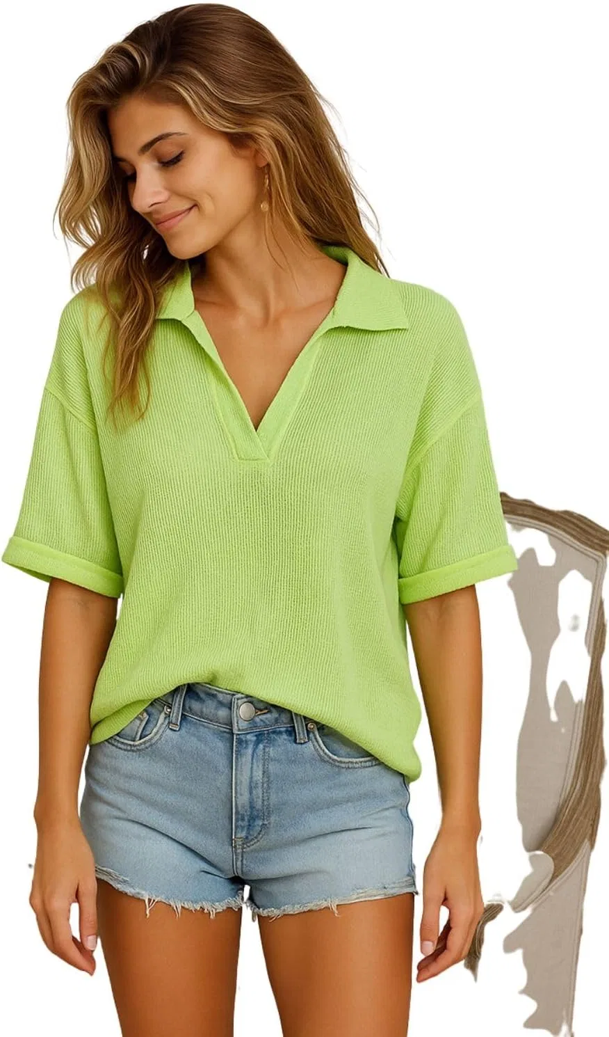 Женская термо-футболка с v-образным вырезом Mineral Washed Thermal Top, Neon Green