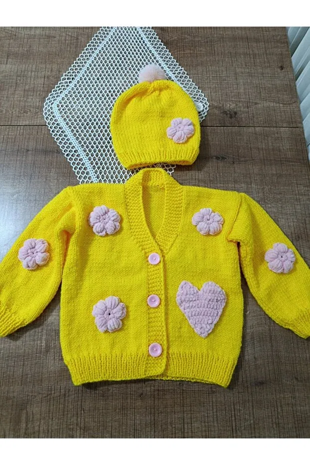 Детский кардиган для девочек с длинным рукавом Hand knitted kids cardigan El Örgüsü Cici Bebe, Yellow