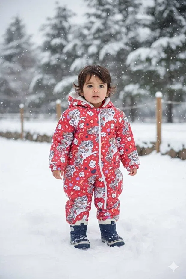 Детский комбинезон для девочек с принтом Misscrispy Red Unicorn Patterned Cosmonaut Jumpsuit Yağmur Giyim, Colored
