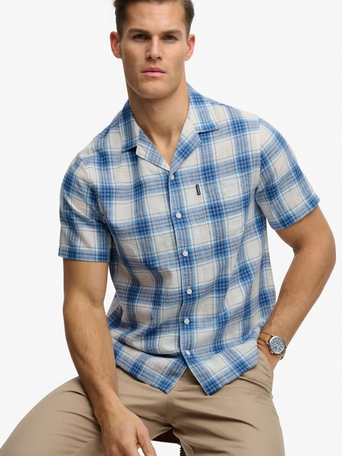 Рубашка с коротким рукавом, клетка кабана Superdry, Light Blue