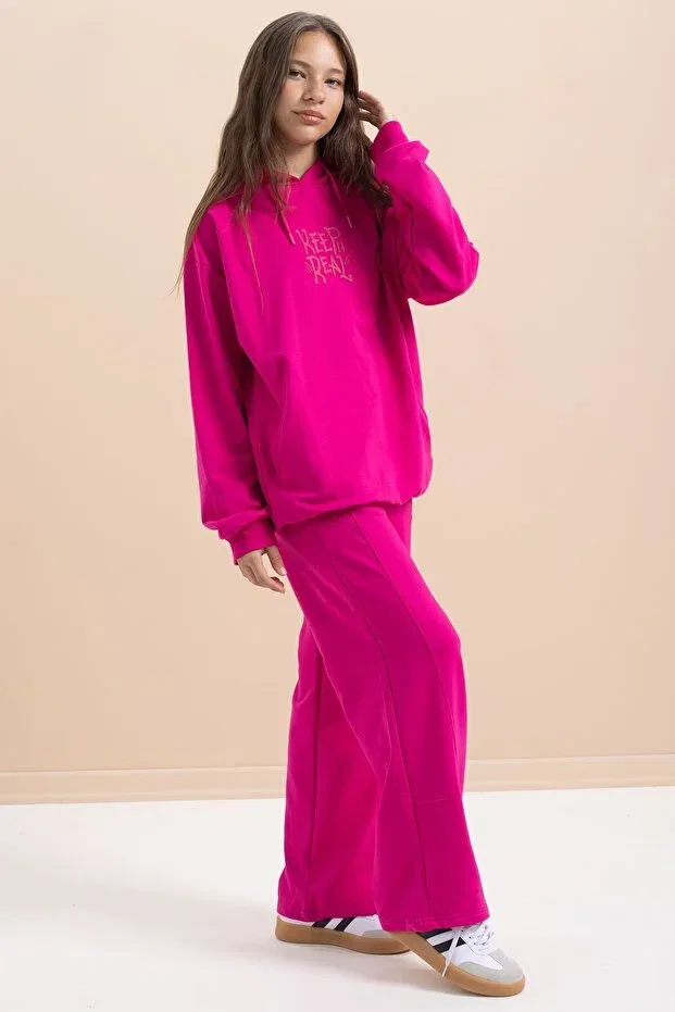 Детский спортивный комплект для девочек с принтом Fuchsia Text Printed Hooded Wide Leg Girls Tracksuit Set Cansın Mini, Fuchsia — фото 4