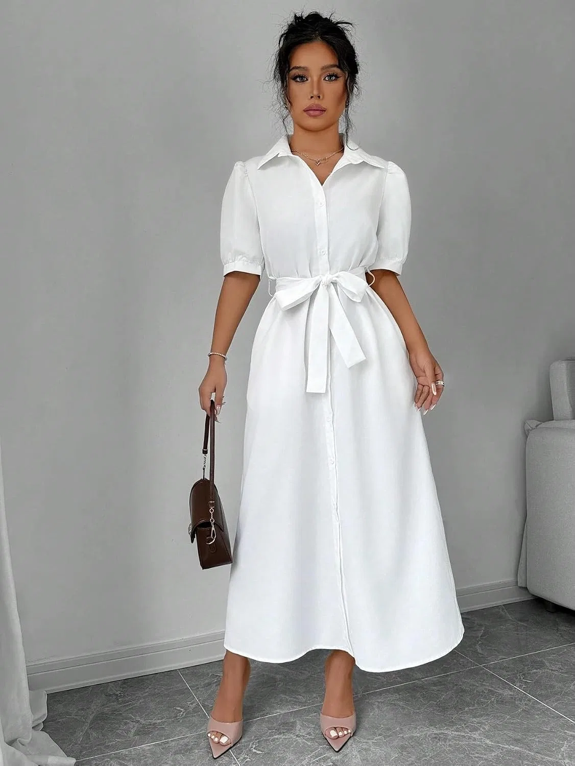 Женское платье А-силуэта с поясом, короткий рукав, White — фото 4