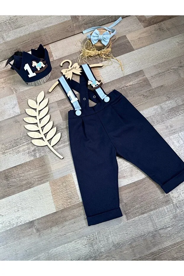Детский комбинезон для мальчиков с принтом Handmade carousel concept navy blue baby boy 1 year old crown pants salopet bow tie set Feriatolye, Navy Blue — фото 2