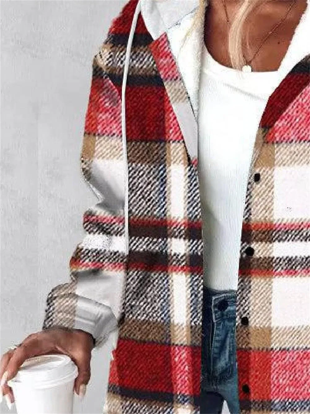 Женская куртка с принтом в клетку с завязками, модель Women Fashion Red Plaid Print Drawstring Jacket, Rosso Mattone — фото 4