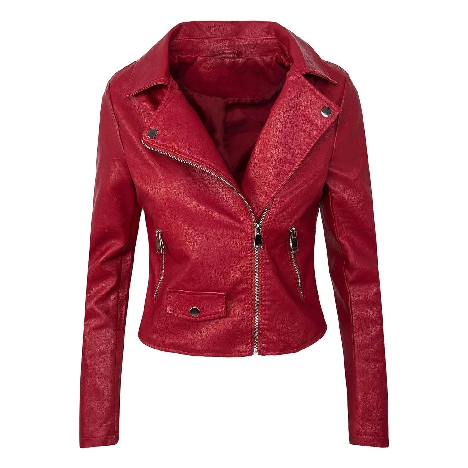 Женская куртка из кожзаменителя с молнией, приталенная, Casual, Rosso