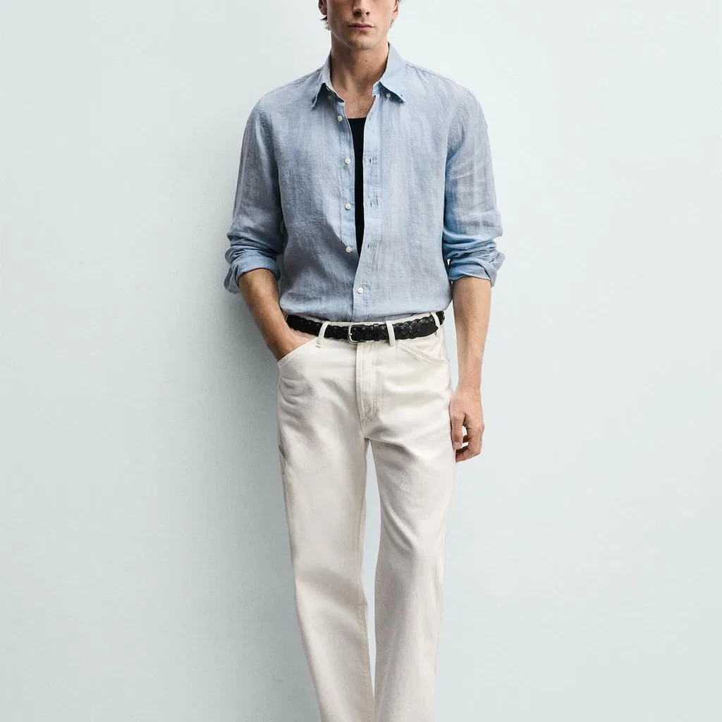 Мужская рубашка с принтом Washed Sky Blue ZARA, Washed Sky Blue — фото 4