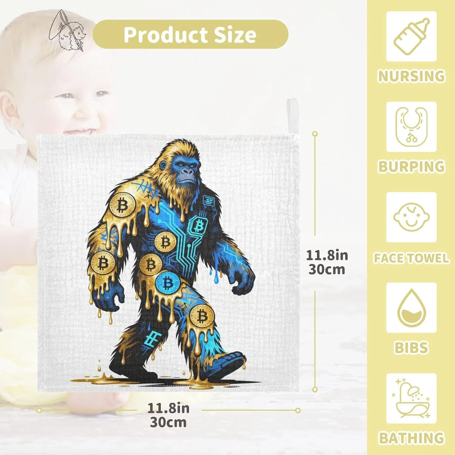Мочалки для лица из муслина, GuoChe, набор 5 шт, 30x30 см, Bitcoin Gorilla Artistic — фото 4