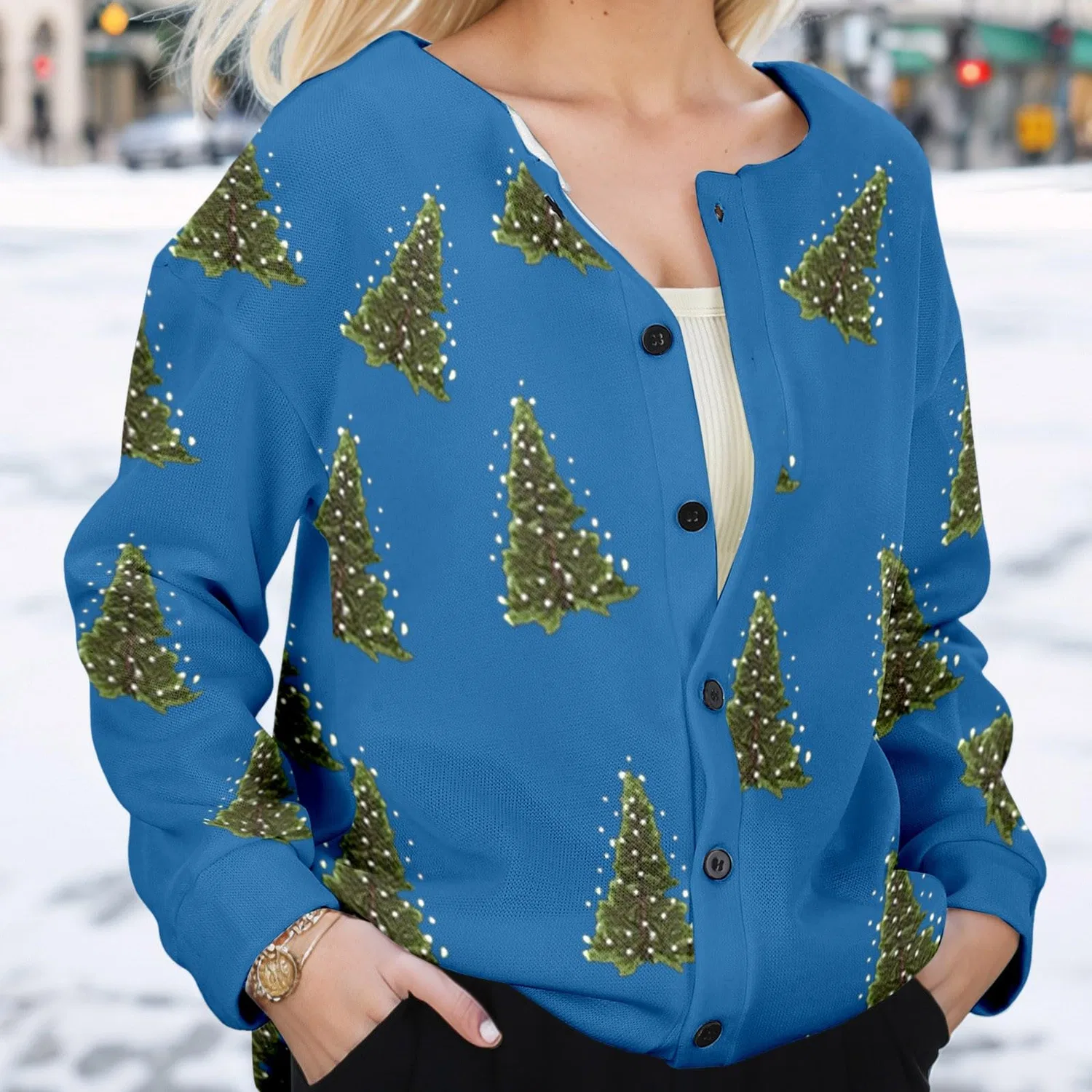Женский кардиган с принтом Christmas Tree, Blu — фото 3