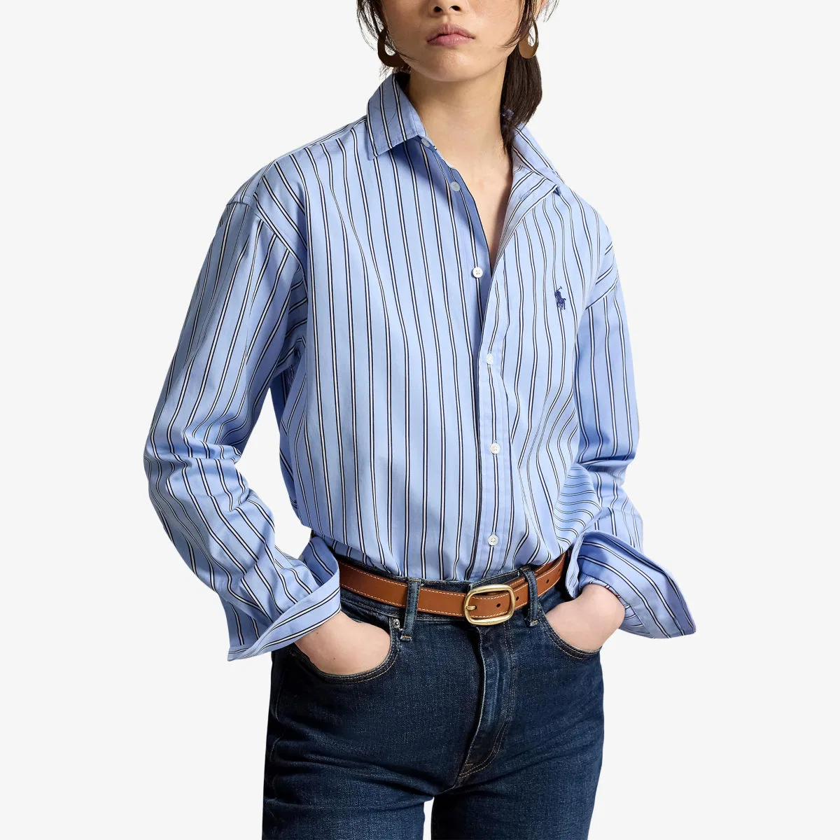 Полосатая хлопковая рубашка с вышитым логотипом бренда Polo Ralph Lauren, белый — фото 3