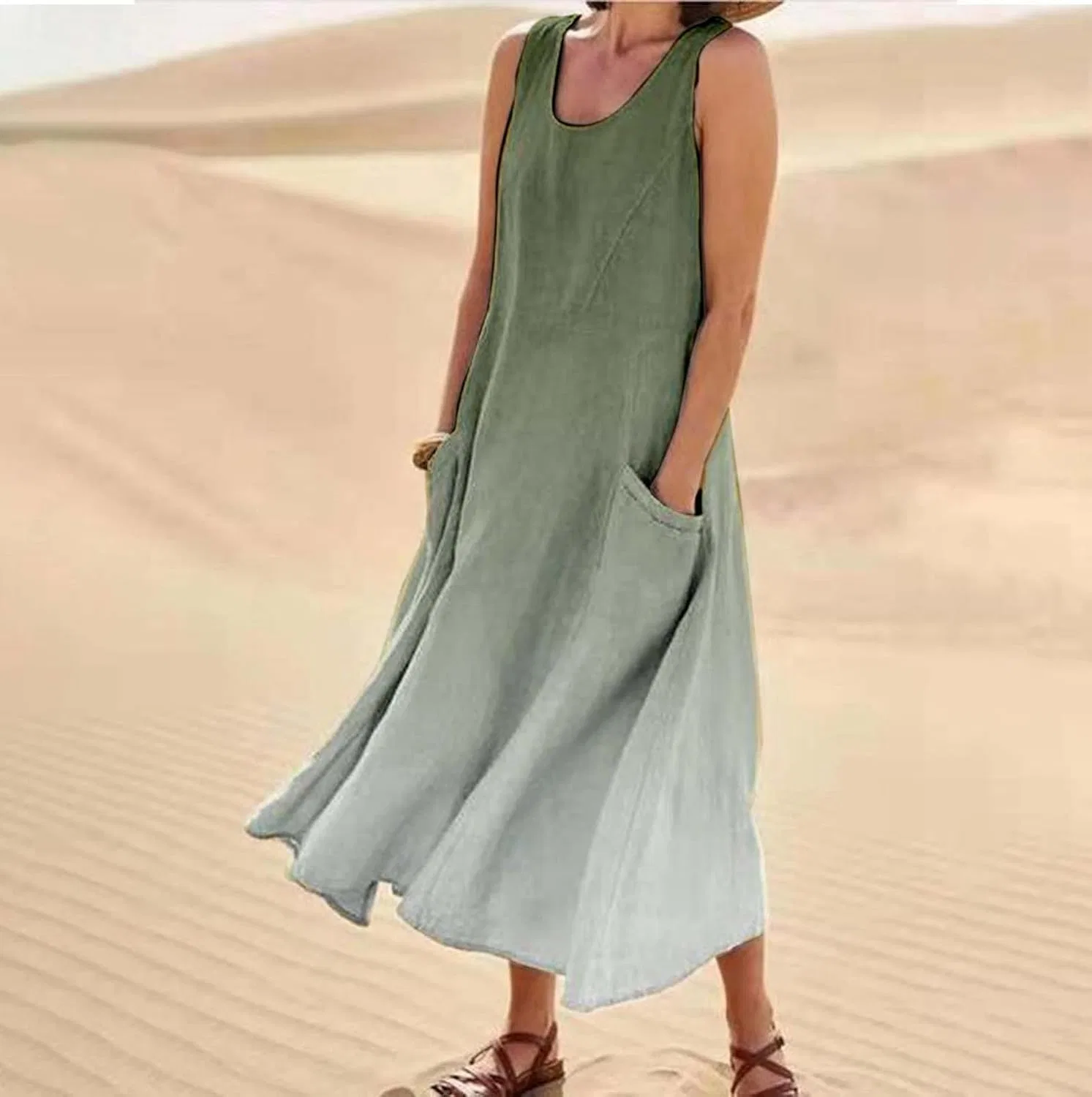 Женское летнее сарафан-макси богемный Cotton Linen Long Dress, Green — фото 2