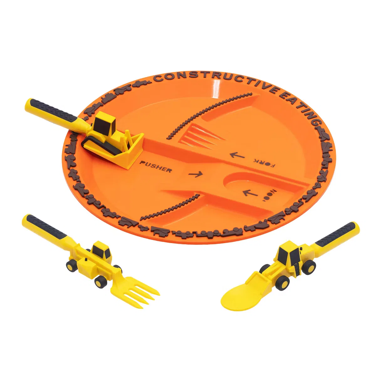 Набор детской посуды с разделенной тарелкой и приборами 4 предмета Construction Utensil and Divided Plate Set Constructive Eating, Orange