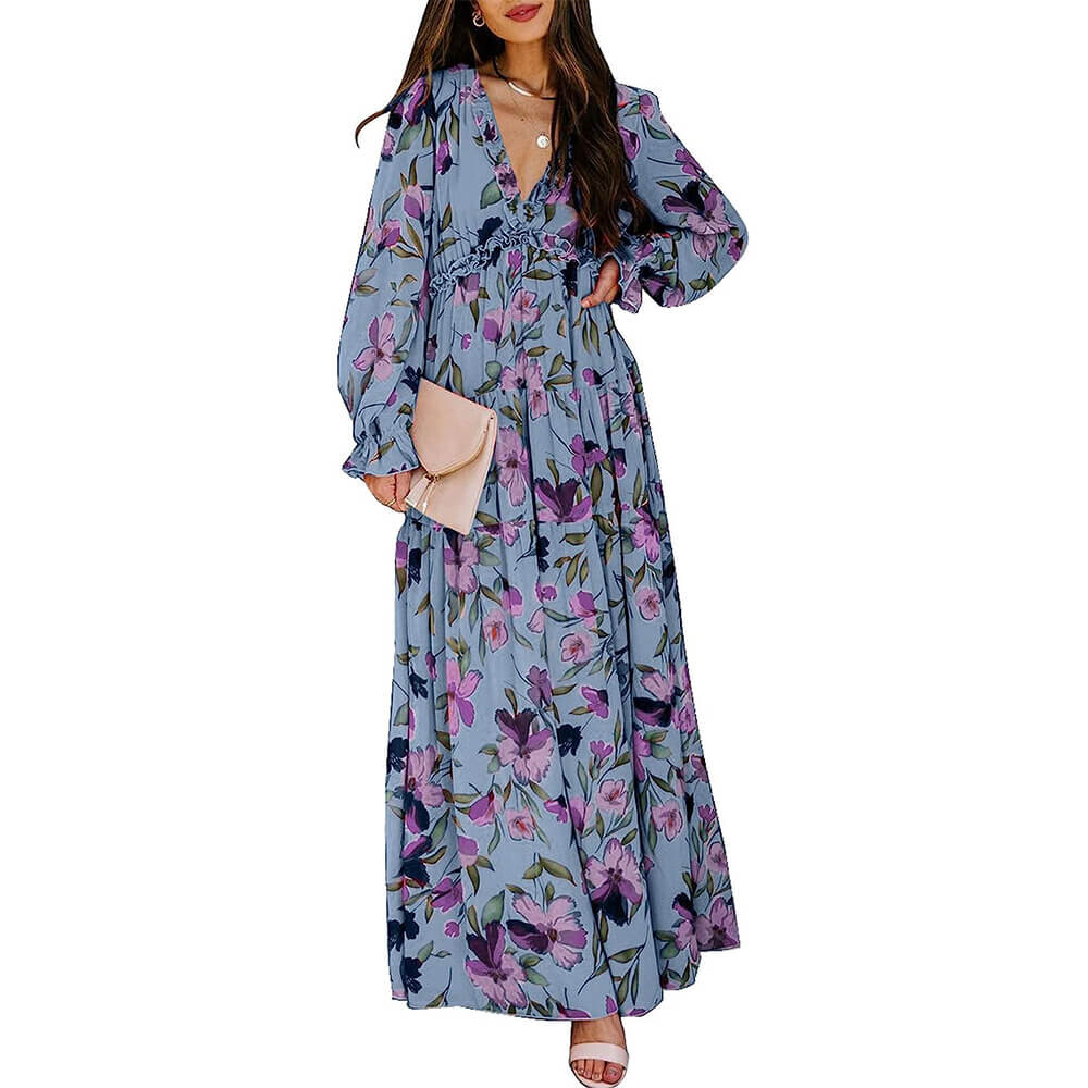 

Платье Blencot Casual Floral Deep V Neck Long Sleeve, синий