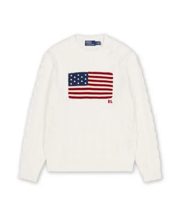 Свитер с косичками и флагом, Iconic Cable Knit Polo Ralph Lauren, белый