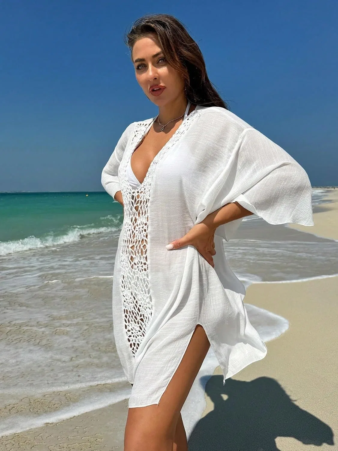 Женский пляжный кимоно-кроп-топ с кружевным узором Generic, White — фото 3