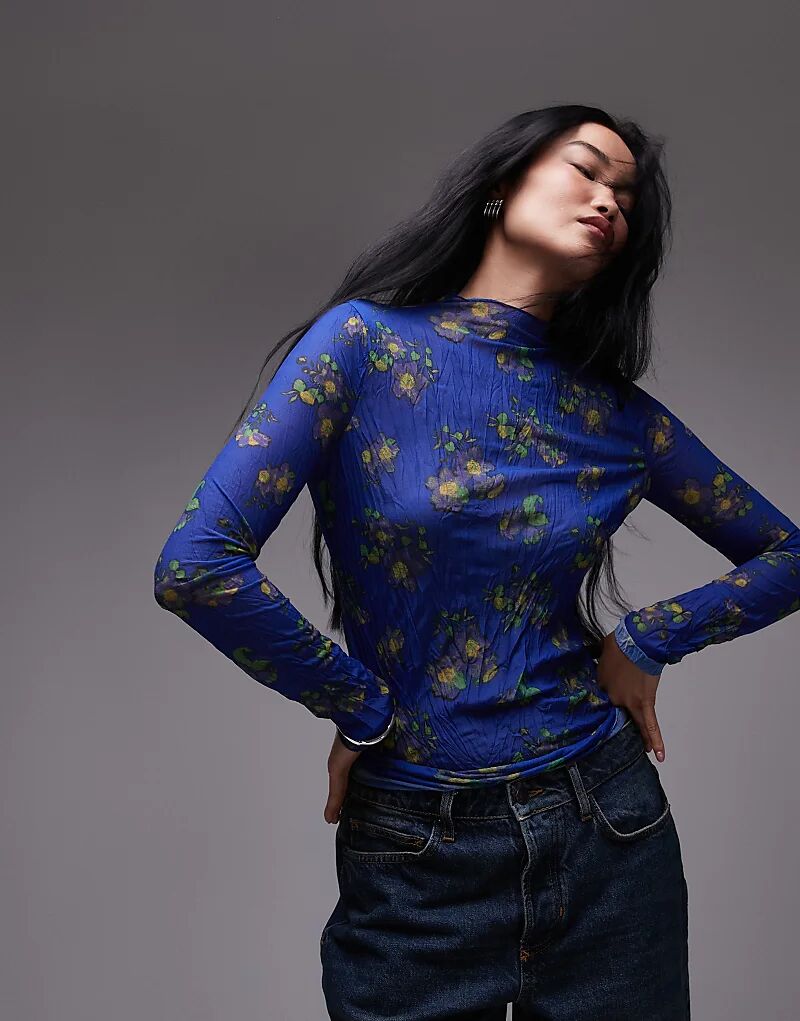 

Топ из жатой сетки с длинными рукавами и цветочным принтом синего цвета Topshop