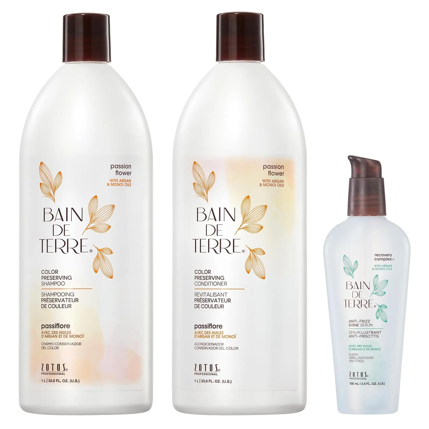 Кондиционер Bain de Terre Passion Flower для сохранения цвета, интенсивное увлажнение и защита от выцветания с аргановым и моной маслами, без парабенов, веганский 1000/100 мл (3 шт.)