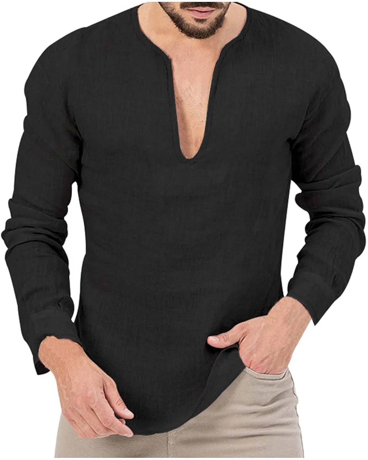 Мужская футболка с глубоким V-образным вырезом Plain L/S, Black