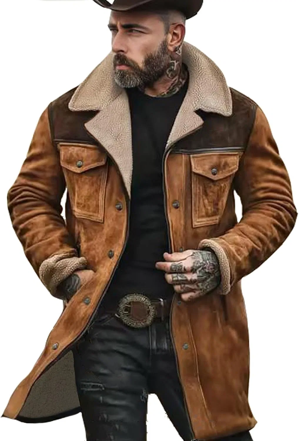 Мужское длинное пальто из искусственной кожи с меховым воротником, Western