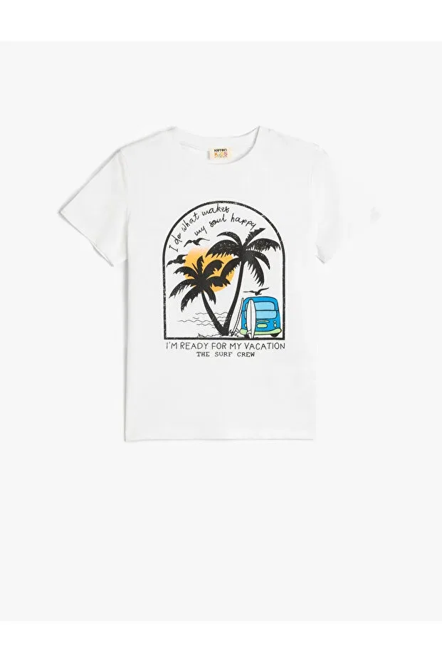 Детская футболка с принтом Cotton Palm Printed Crew Neck Short Sleeve T-Shirt Koton, White