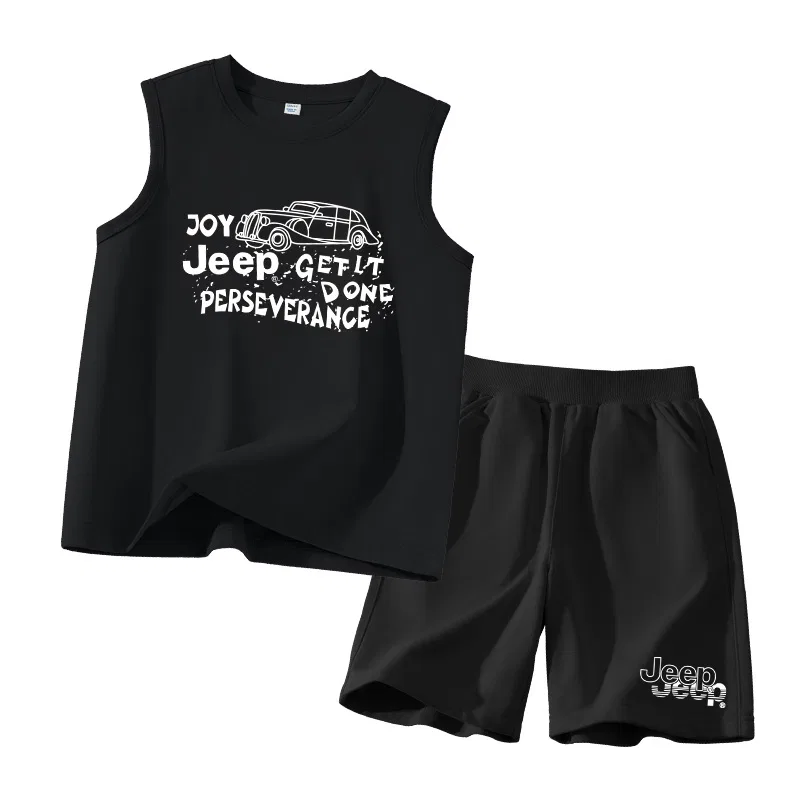 Детский спортивный комплект с коротким рукавом Jeep, Black With White Stitching-Black With White Cut-Out On The Bottom Left K