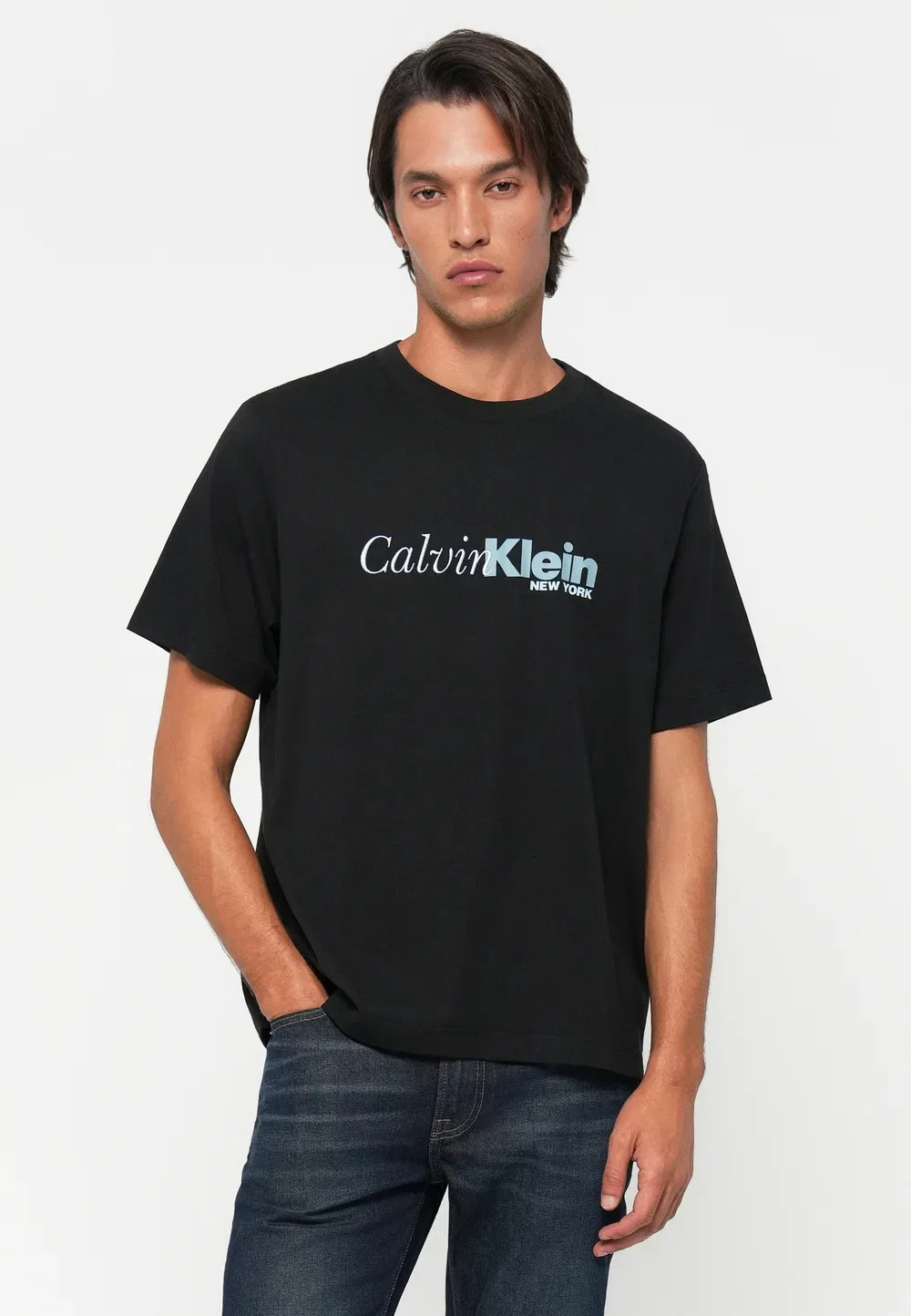 Футболка с графическим принтом, выполненным курсивом Calvin Klein, Black — фото 4