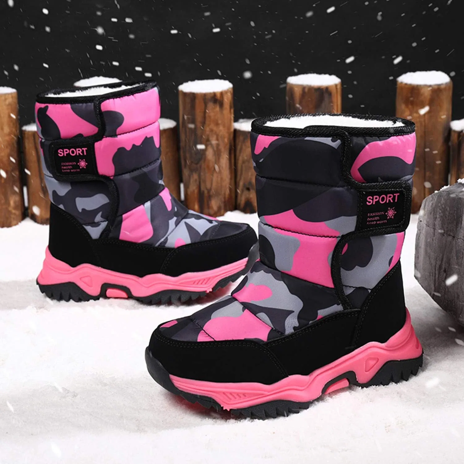 Детские зимние ботинки для девочек и мальчиков с мехом CERYTHRINA, Rose Camo — фото 3