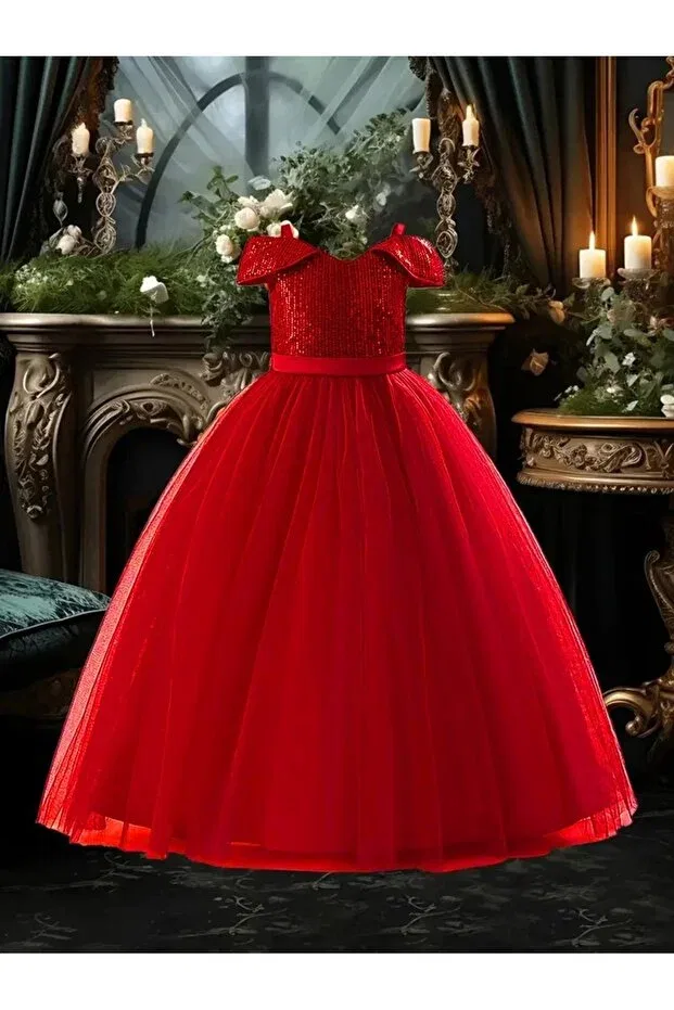 Детское платье для девочек с пайетками Elegant sequined off the shoulder tulle dress princess gown Tomac, Red — фото 3