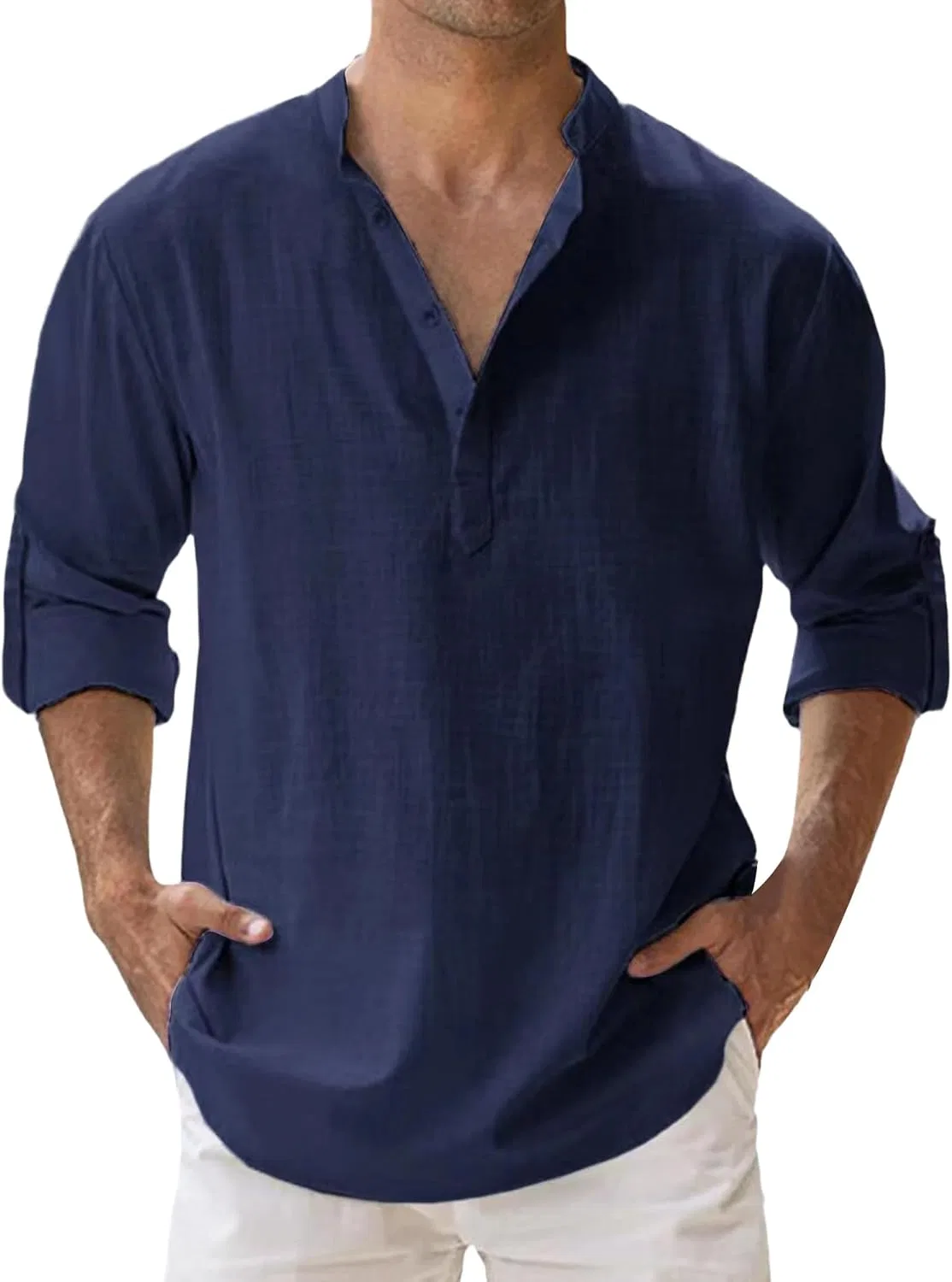 Мужская длинная футболка из льна с воротником-стойкой, Navy Blue