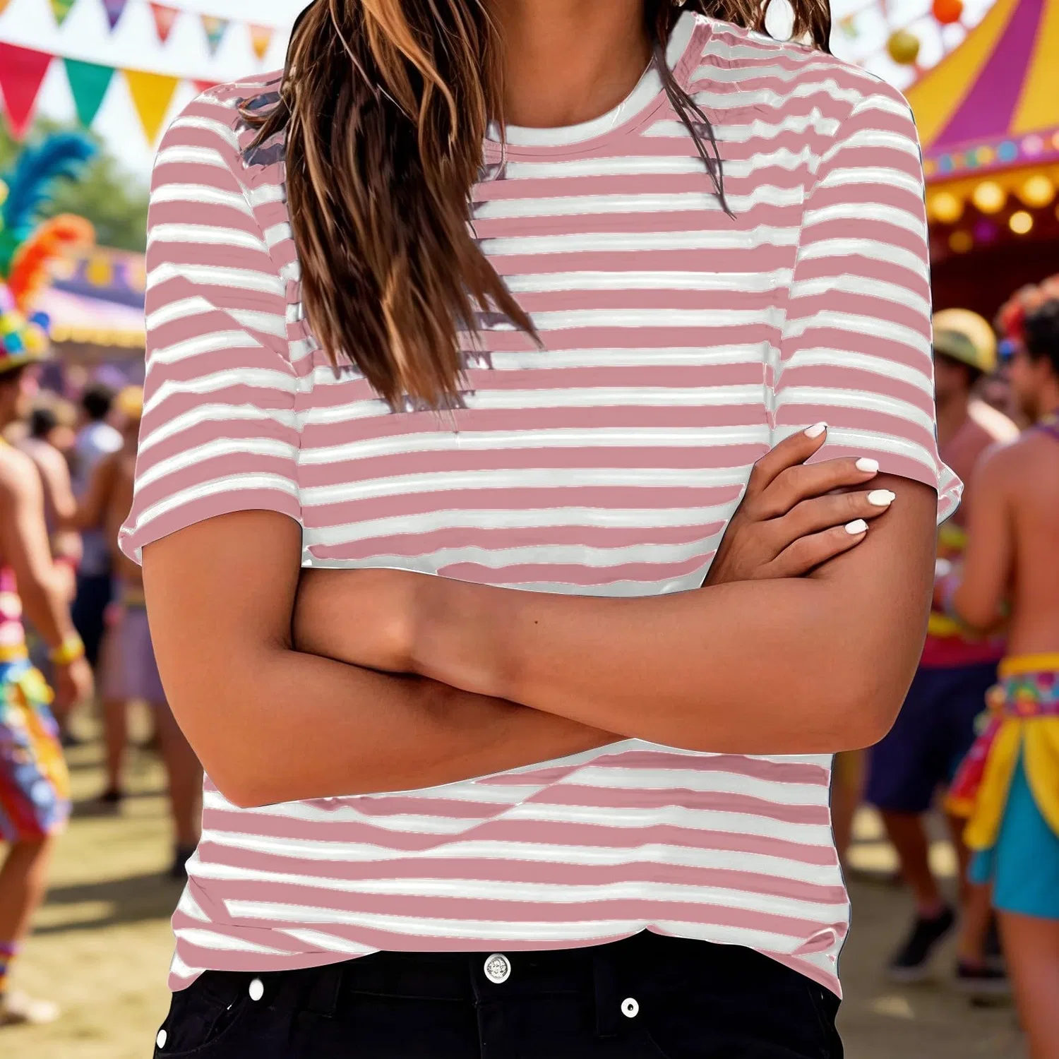 Женская футболка с полосками с круглым вырезом Unisex Red White Striped T-Shirt, 01 Light Pink — фото 2