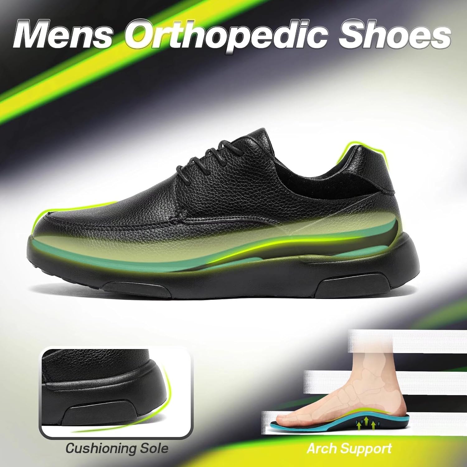 Мужские ортопедические кожаные туфли OrthoComfoot: удобные модные кроссовки при подошвенном фасците с поддержкой свода стопы, повседневные туфли для бизнес-образа, облегчающие боль в стопе и пятке, черный — фото 2