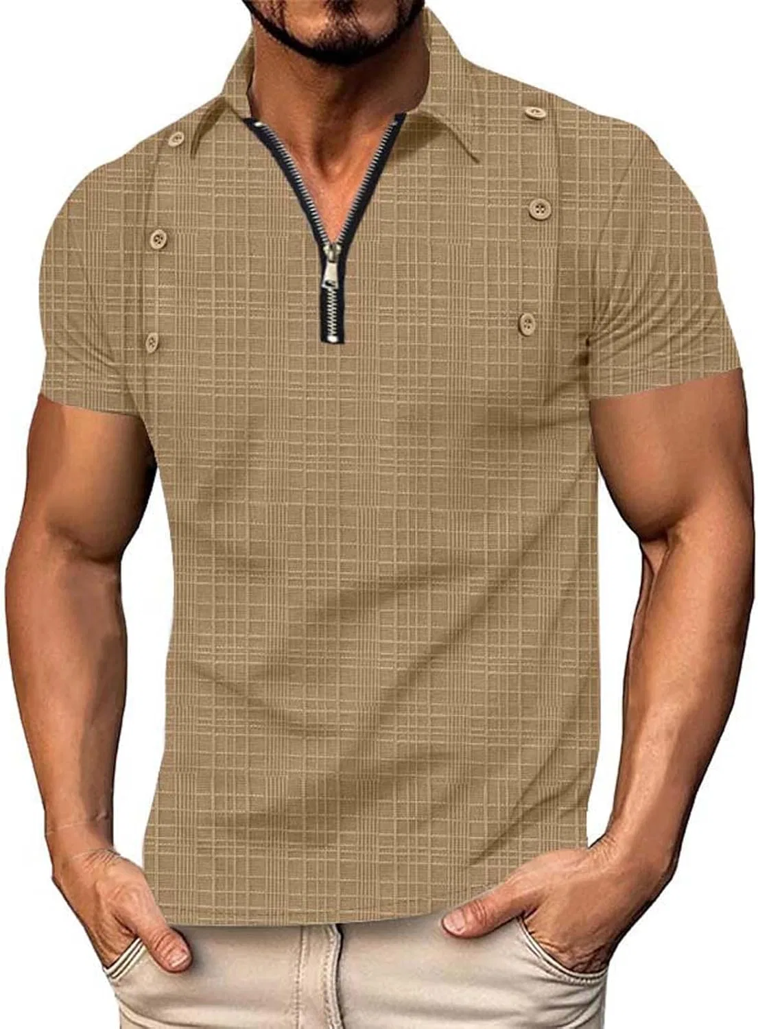 Мужская футболка с V-вырезом и четверть-застежкой Ribbed Knit, Khaki