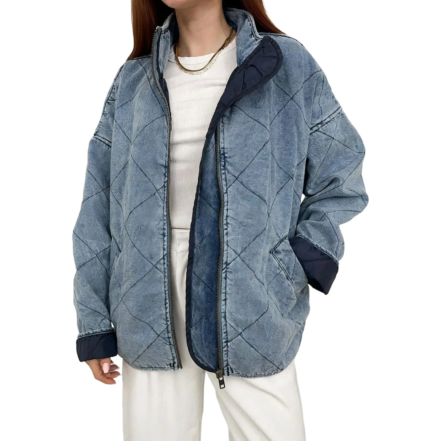 Женская куртка-дальнобойщик из стеганого денима oversize с длинным рукавом, Azzurro chiaro