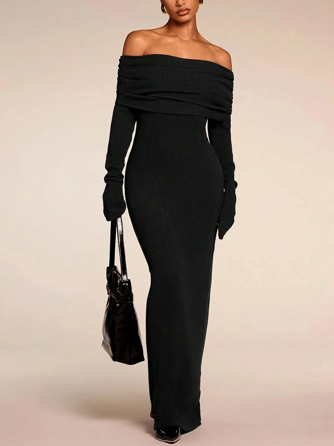 Женское длинное платье с длинным рукавом офф-шолдер, Colorblock, Black — фото 3