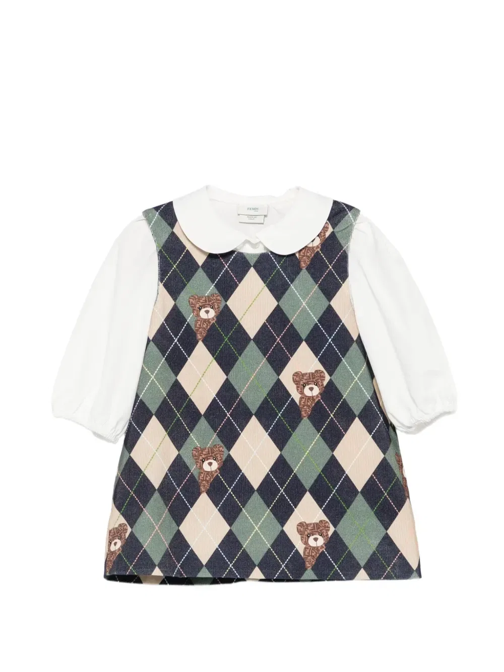 Рубашка и платье с рисунком "аргайл" и изображением медведя от Fendi Kids, белый