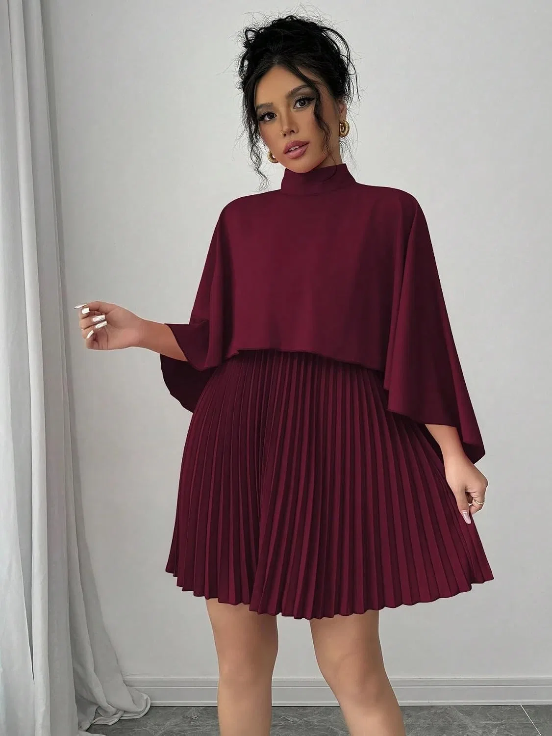 Женское повседневное платье А-силуэта с воротником-стойкой, Burgundy — фото 3