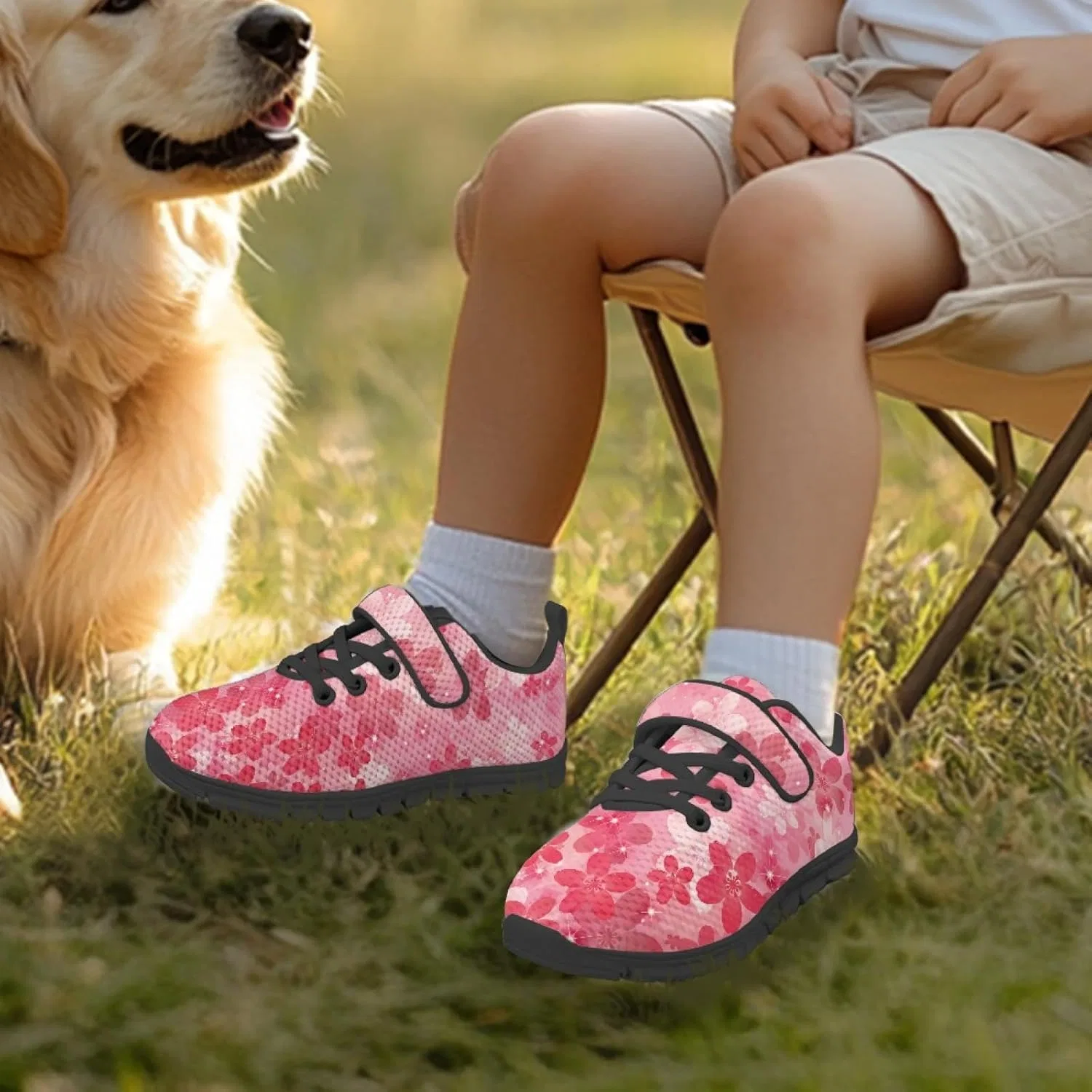 Детские кроссовки с принтом для бега Dajingkj, Pink Flowers Black — фото 2