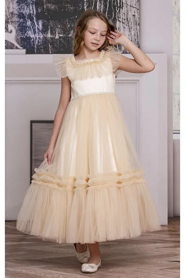 Детское платье из фатина с длинным рукавом Süslü Pink Kids, Cream