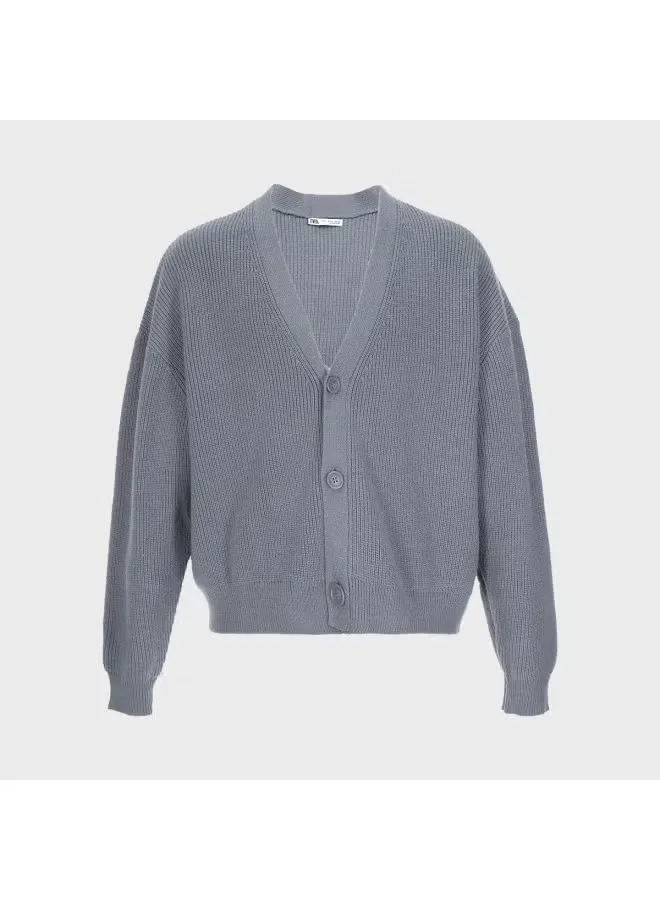 Кардиган вязаный с V-образным вырезом свободный Zara, серо-синий — фото 2