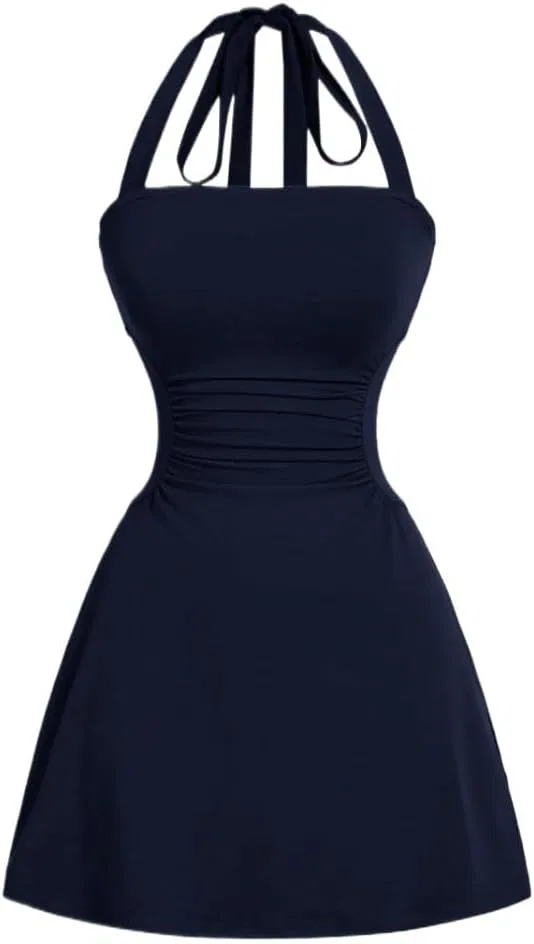 Женское летнее мини-платье A-line с завязкой на талии Halter, Navy Blue