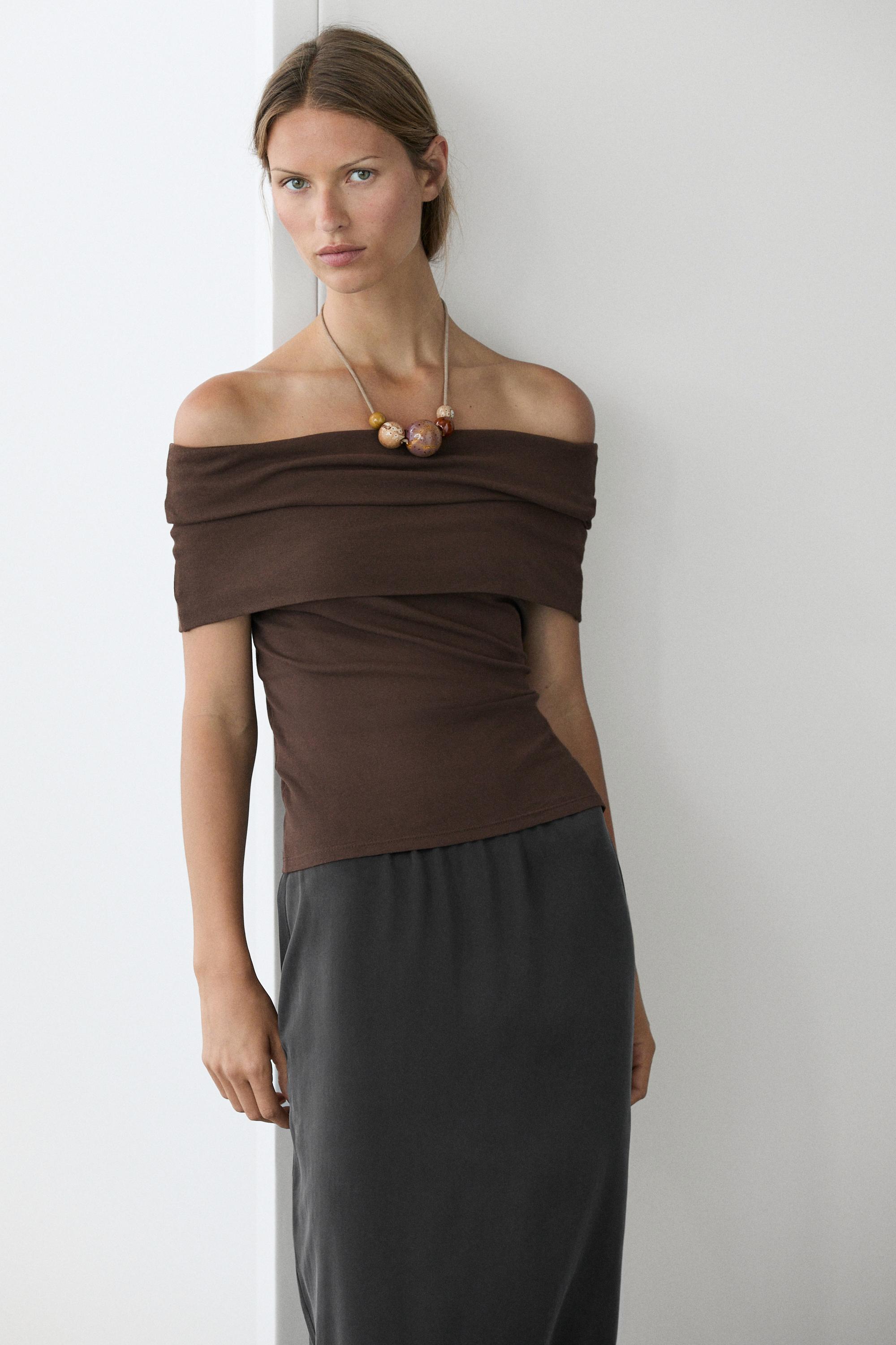 Топ Massimo Dutti Cotton Off-The-Shoulder, коричневый — фото 3