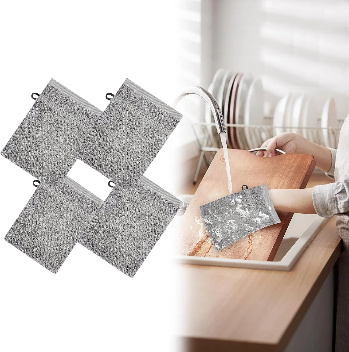 Мочалка для душа, Generisch, 4 штуки, 22x15 см, Light Gray — фото 4