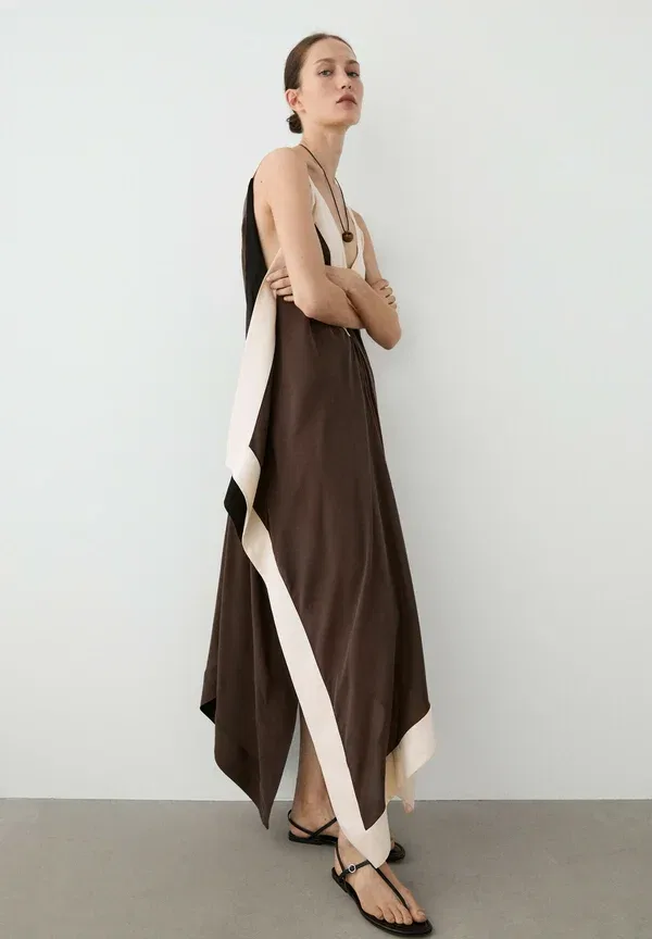 Платье макси из купро и вискозы Flowing midi dress with contrast trim detail, Massimo Dutti, темно-коричневый — фото 2