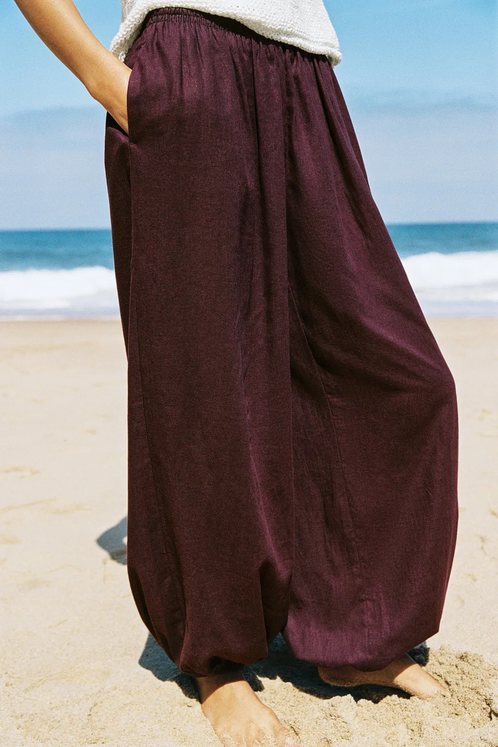 Брюки-саруэль из льняной смеси ZARA, Aubergine — фото 2