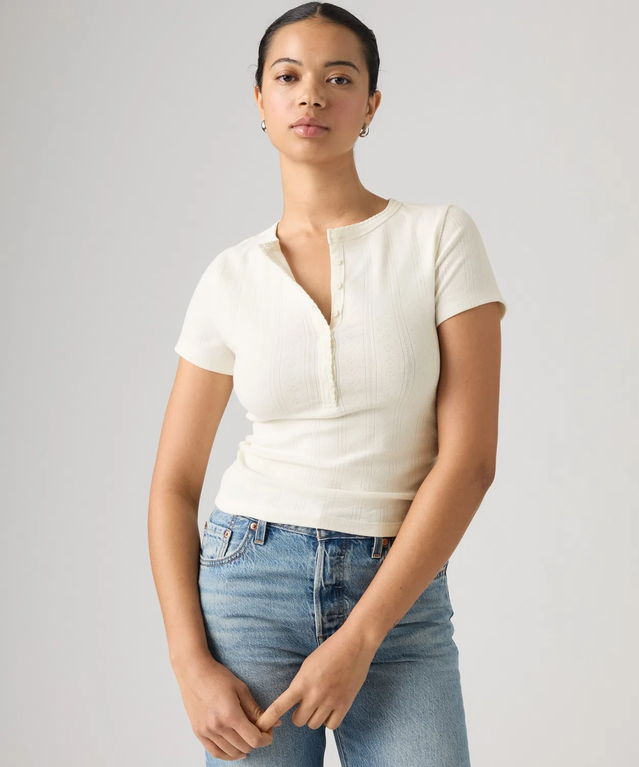 Женская футболка с коротким рукавом и поло, модель Pointelle Levi's, Белый — фото 3