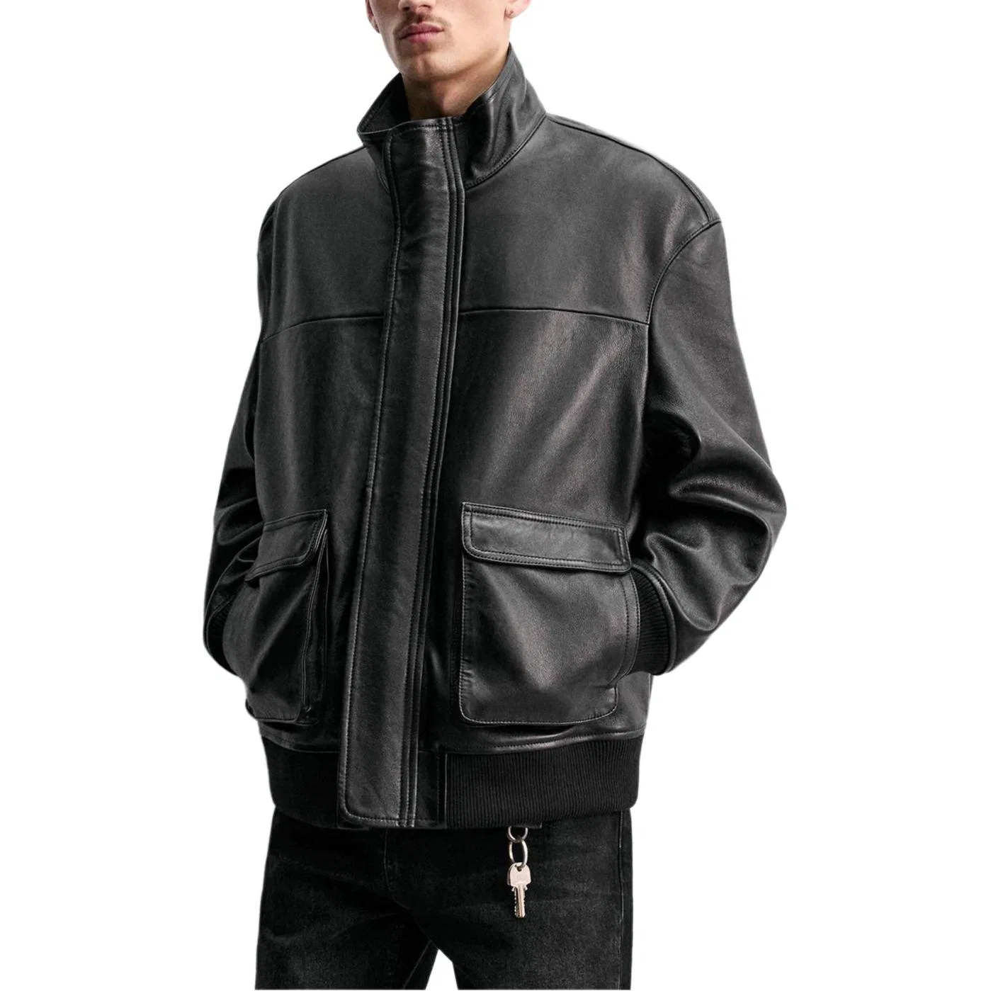 Мужская кожаная куртка с молнией ZARA, Black — фото 4