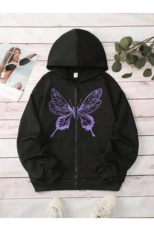 Детский хлопковая кардиган-худи с принтом Purple Butterfly Logo Modaberry, Black