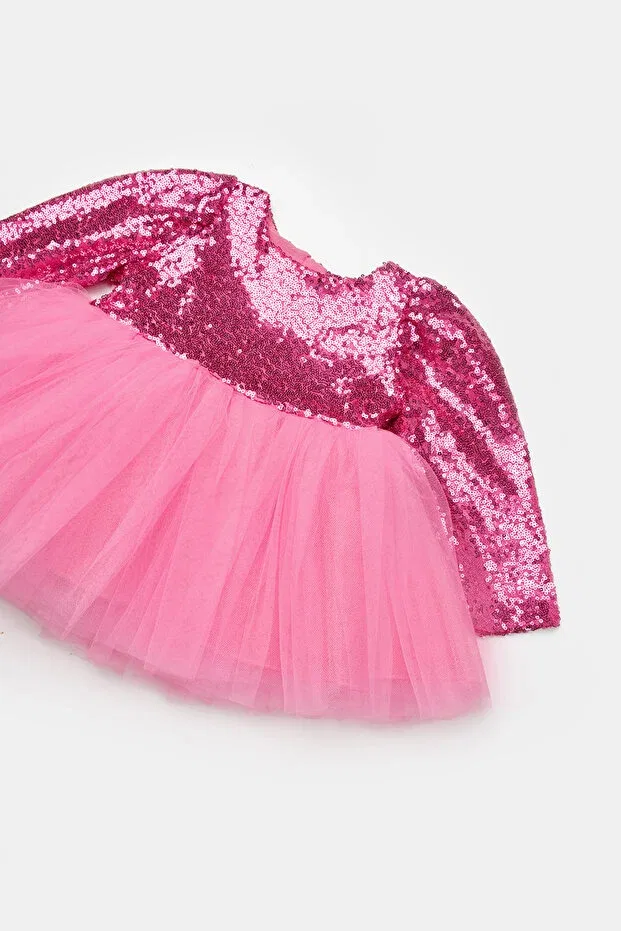 Детское платье для девочек с пайетками Fuchsia Sequin Long Sleeve Baby Girl Dress Le Mabelle, Fuchsia — фото 4
