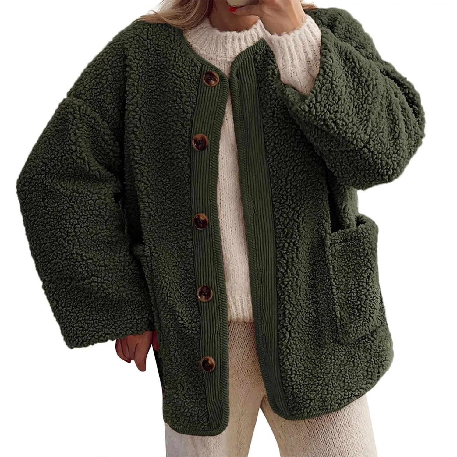 Женское пальто из овчины с длинным рукавом, Verde